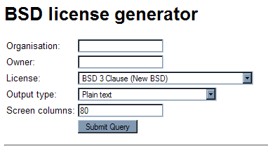 Screenshot of BSD License Generator